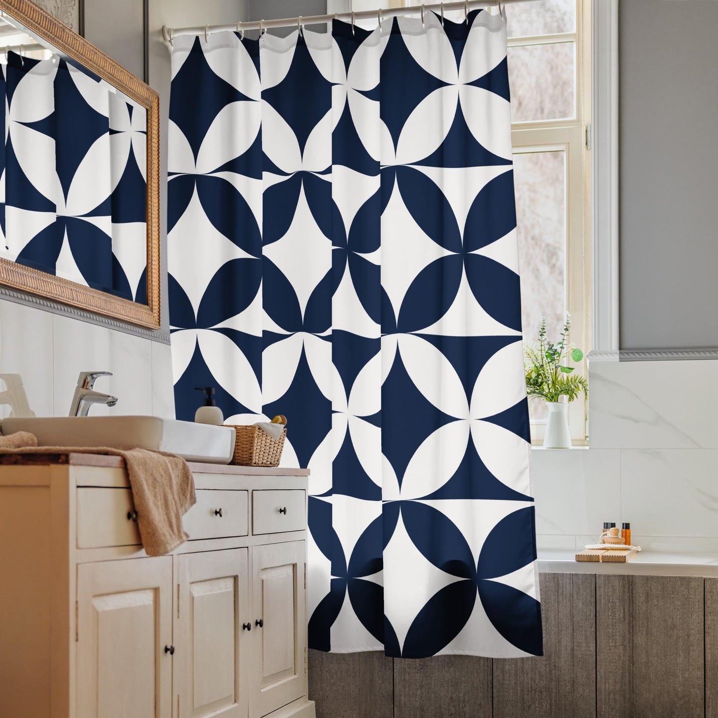 Geometric Shower Curtain, Navy Blue White Pattern, Water-Resistant Polyester, 71x74 Inch