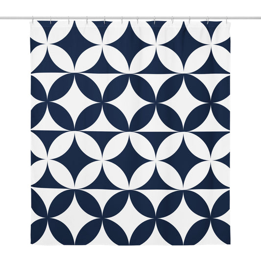 Geometric Shower Curtain, Navy Blue White Pattern, Water-Resistant Polyester, 71x74 Inch