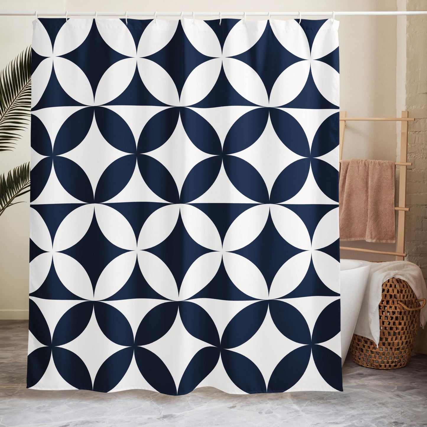 Geometric Shower Curtain, Navy Blue White Pattern, Water-Resistant Polyester, 71x74 Inch